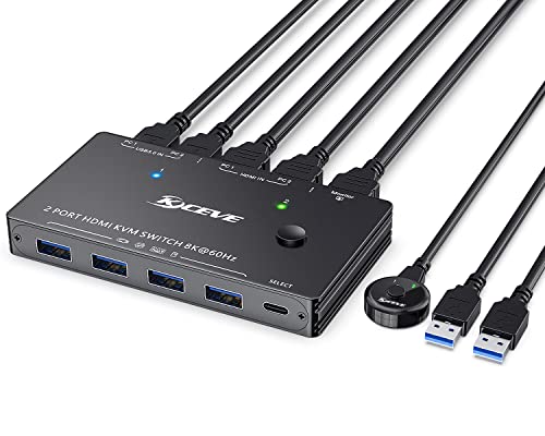 USB 3.0 KVM Switch HDMI 2 Ports 8K 60Hz HDMI 2.1 KVM Switch for 2 Computers 1 Monitor and 4 USB 3.0 Ports,HDCP 2.3, HDR 10,with Remote Controller and USB3.0 Cables