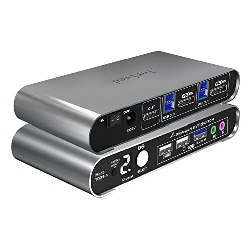 Terived 2 Port DP USB 3.0 KVM Switch Two Computers 1 DisplayPort Monitor switcher, 8K@30Hz 4K@144Hz, Aluminum hotkey Audio mic, Digital Display, HDR10 with Cables