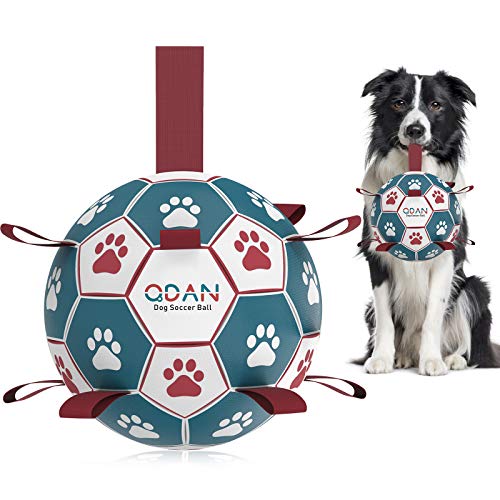QDAN Dog Toys Soccer Ball, Interactive Dog Toys for Tug of War, Puppy Birthday Gifts,Dog Tug Toy, Dog Water Toy, Durable Dog Balls for Small & Medium Dogs-Blue&Red(6 inch)