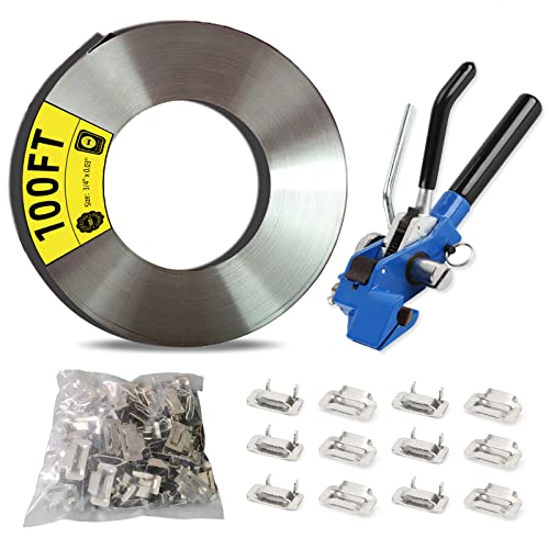 SGULLER Packaging Strapping Banding Tensioner Tools Kit, 3/4" x 100 Feet 304 Stainless Steel Banding Coil, 100 Pieces Ear-Lokt Buckles. Complete Packaging Strapping Solution