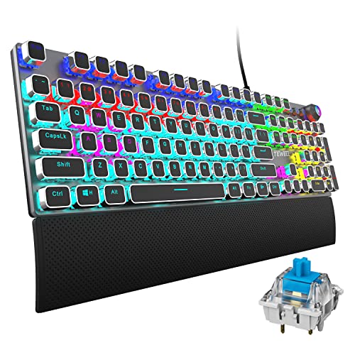 TEWELL Quick Responsible Blue Switches Mechanical Gaming Keyboard, Rainbow LED Rainbow Backlit Typewriter Keyboards with Removable Hand Rest, 104 Anti-ghosting Keys, for PC, Laptop, Computer