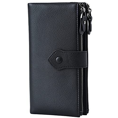 Bveyzi Women Soft Leather RFID Blocking Bifold Slim Wallets Ladies Credit Card Holder Double Zipper Pocket(Black)