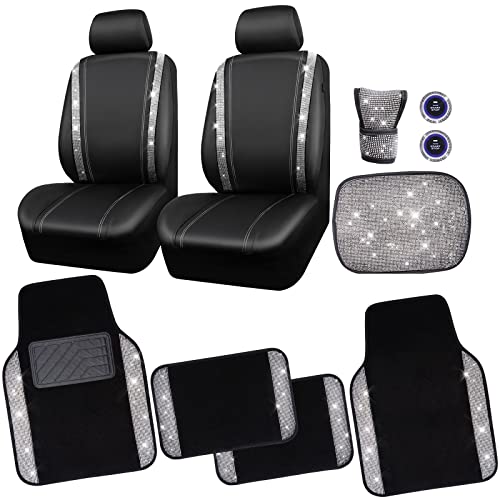 CAR PASS Bling Rhinestone Diamonds Car Seat Covers Leather&Shining Diamond Car Floor mats Carpet with Anti-Slip Nibs&Bling Car Accessories Sets(Silver Glitter Crystal Diamond Combo Set)