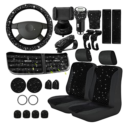 33 Pieces Bling Car Seat Covers Set Black Diamond Car Accessories Include Rhinestone Crystal Steering Wheel Cover Bling Seat Belt Covers Glitter Center Console Pad Universal Car Interior Decor