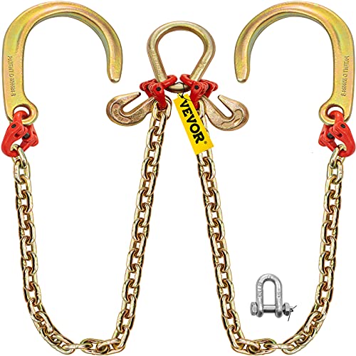 VEVOR V Bridle Chain, 5/16 in x 3 ft Bridle Tow Chain, Grade 80 V-Bridle Transport Chain, 9260 Lbs Break Strength with J Hooks and Crab Hooks, Heavy Duty Pear Link Connector and Chain Shorteners