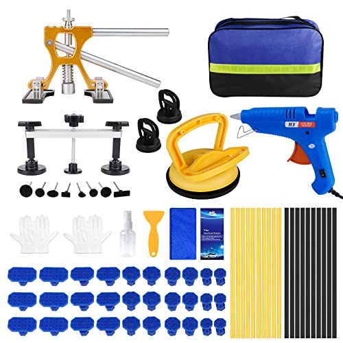 Dent Removal Kit 63pcs, Paintless Dent Repair Kit with Golden Lifter, Bridge Puller, Glue Gun & Slide Hammer, Suction Cup Dent Puller for Auto Body Dents, Hail Damage, Motorcycle Minor Dent