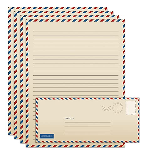 Vintage Airmail Stationery Paper Set, 100-Piece Set (50 Lined Sheets + 50 Matching Envelopes), Letter Size 8.5 x 11 inch, Double Sided & Lined Paper, by Better Office Products