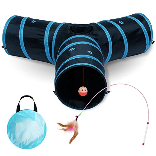 All Prime Cat Tunnel - Also Included is a ($5 Value) Interactive Cat Toy - Toys for Cats - Cat Tunnels for Indoor Cats - Cat Tube - Collapsible 3 Way Pet Tunnel - Great Toy for Cats & Rabb (Blue)