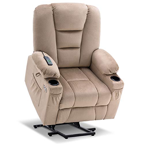 MCombo Electric Power Lift Recliner Chair with Massage and Heat for Elderly, Extended Footrest, Hand Remote Control, Lumbar Pillow, Cup Holders, USB Ports, Fabric 7529 (Medium, Beige)