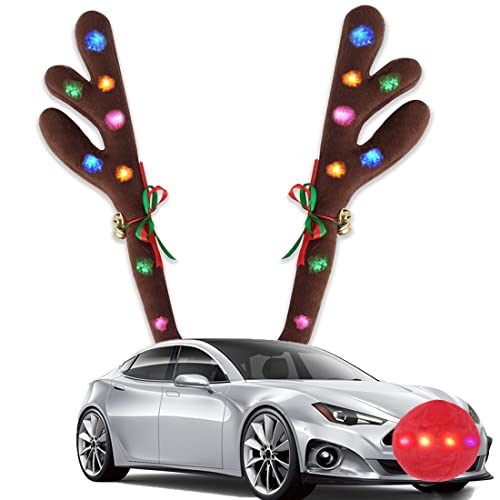 Gven Christmas Reindeer Antlers with LED Lights for Car Exterior Decoration Car Rudolph Antlers& Nose Auto Chirstmas Dcor Kit Car Costume for SUV Van Truch