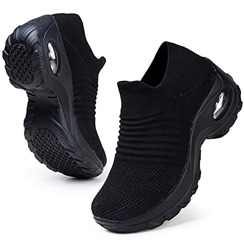 HKR Womens Walking Shoes Slip On Light Weight Mesh Platform Nursing Shoes Air Cushion Sneakers All Black US Size 9(1839 EU 41)