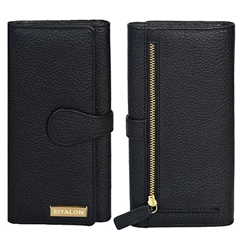 ESTALON Real Leather Wallets for Women RFID - Long Wallet Women's Ladies Clutch Zipper Pocket Multi Credit Card Case Holder Girls