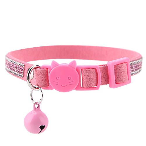 Adjustable Cat Collars Colorful Bling Diamante PU Leather Pet Puppy Dog Cat Reflective Collar Necklace Necktie Safety Buckle Quick Release Breakaway with Bells for Daily Party Photoshot (Pink XS)