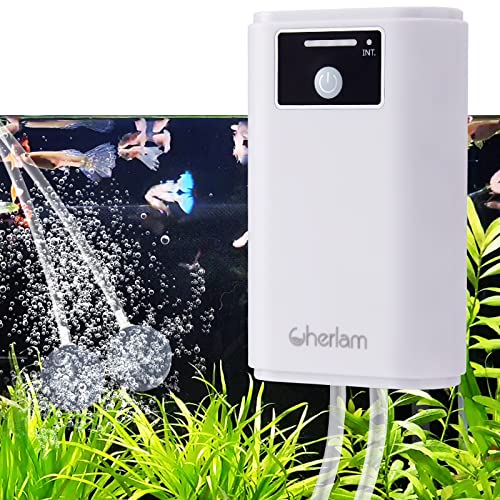 Aquarium Air Pump,CHERLAM Rechargeable&Portable Fish Aerator Pump,Lithium Battery Operated Fish Tank Air Pump with Air Stones,USB Air Pump for Fish Tank for Outdoor Fishing, Emergency, Power Cuts