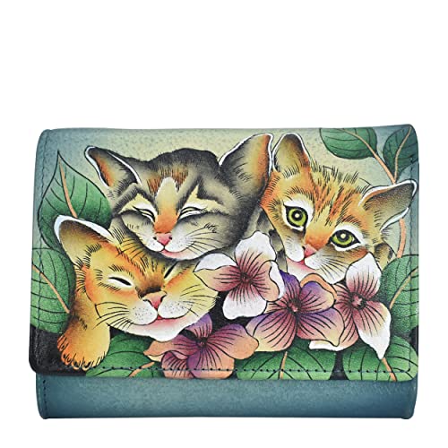 Anna by Anuschka Women's Hand-Painted Genuine Leather Ladies Three Fold Wallet - Three Kittens Blue