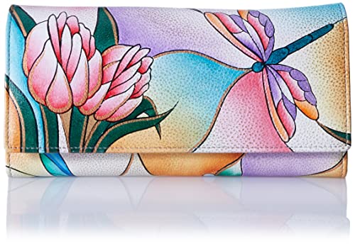 Anna by Anuschka Women's Hand Painted Genuine Leather Multi Pocket Wallet - Dragonfly Glass Painting