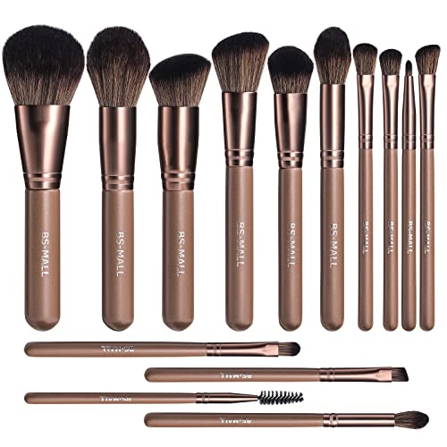 BS-MALL Makeup Brushes Premium Synthetic Foundation Powder Concealers Eye Shadows Makeup 14 Pcs Brush Set, Coffee Brown Color