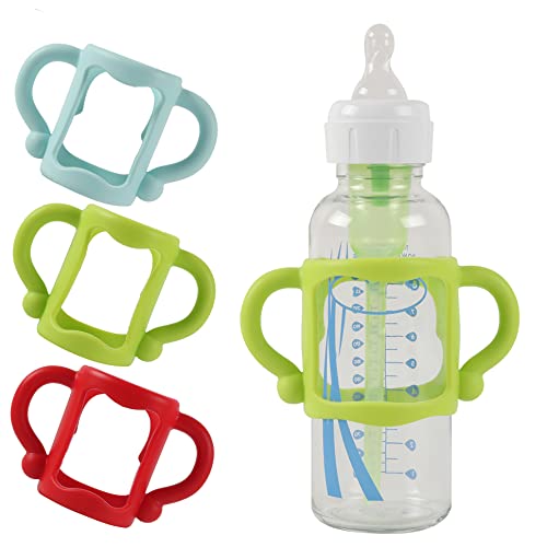 (3-Pack) Bottle Handles for Dr Brown Narrow Baby Bottles with Easy Grip Handles to Hold Their Own Bottle - BPA-Free Soft Silicone - Red Green and Blue
