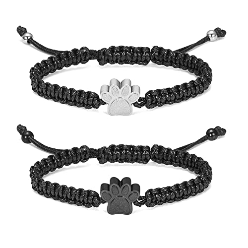 constantlife Cremation Bracelet for Pets Ashes - Dog Paw Pendant Bangle Stainless Steel Memorial Urn Jewelry (Black Rope-2Pcs/Silver+Black)