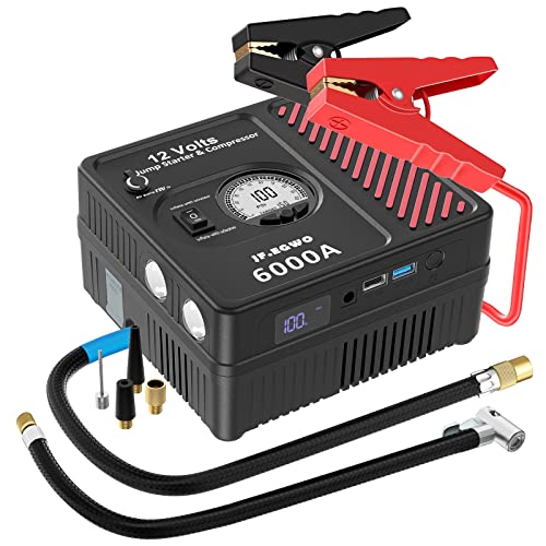 JF.EGWO 6000Amp Car Jump Starter with Air Compressor, 12V Safe Lithium Auto Battery Booster (up to 13.0+L Gas and 13.0+L Diesel Engine), 150 PSI Air Pump, Built-in 2 USB Ports and 2 LED Light