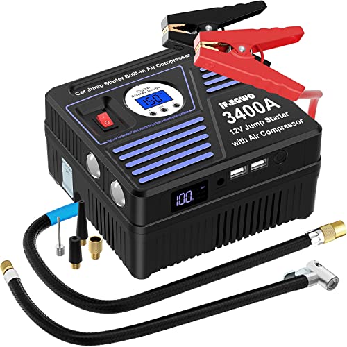 JF.EGWO 3400A Car Jump Starter with Air Compressor, 150PSI Tire Inflator with Digital Screen Pressure Gauge, 24000mAh 12V Auto Battery Booster (10.0L Gas/ 9.0LDiesel Engine), 2 USB Port 2 Light