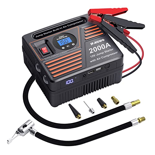 JF.EGWO 2000A Car Jump Starter with Air Compressor, 22000mAh Battery Booster (Up to 8.5L Gas or 8.0L Diesel Engine) &150 PSI Tire Inflator, Built-in 2 USB Ports and 2 LED Light