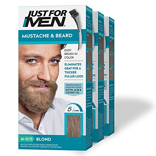 Just For Men Mustache & Beard, Beard Coloring for Gray Hair with Brush Included for Easy Application, With Biotin Aloe and Coconut Oil for Healthy Facial Hair - Blond, M-10/15, 3 Pack 1 Count