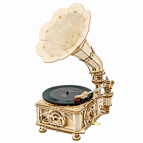 ROKR 3D Wooden Puzzles Gramophone for Adults - DIY Mechanical Model Kit 1:1 Replica Record Player Support 7"/10" Vinyl Premium Gift Hobbies for Adults Home Decor