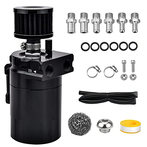 Universal Baffled Oil Catch Can 300ml Aluminum Polish Oil Separator Catch Can Kit Reservoir Tank with Breather Filter & 3/8" Fuel Line/6 Fittings/Necessary Accessories,Black