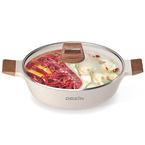 Dezin 5-QT Double-flavor Shabu Shabu Pot with Divider, Dual Sided Nonstick Hot Pot, 12 Inch Divided Hotpot Pot for Induction Cooktop, Gas Stove & Hot Burner, Soup Ladle Included