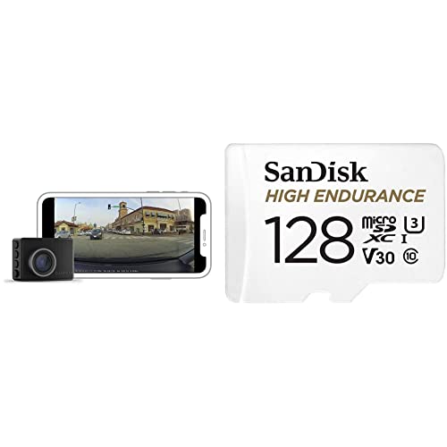 Garmin Dash Cam 47, 1080p and 140-degree FOV, Monitor Your Vehicle & SanDisk 128GB High Endurance Video MicroSDXC Card with Adapter for Dash Cam and Home Monitoring Systems