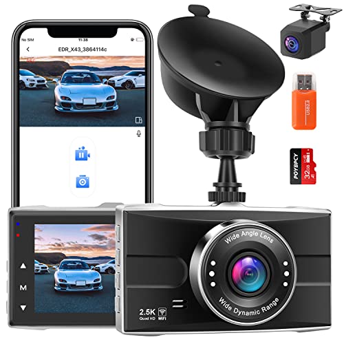 2.5K WiFi Dash Cam Front and Rear, 1440P Quad HD+1080P FHD Dual Dash Camera for Cars with Super Night Vision, Parking Mode, 32G SD Card, 3" IPS Display, 170 Wide Angle, G Sensor, Support 128GB Max