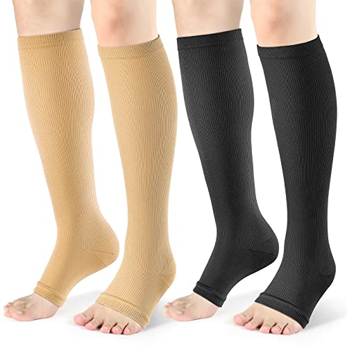 cerpite Open Toe Compression Socks Women & Men-2 Pairs 15-20 mmHg Knee High Graduated Toeless Compression Socks (Large/X-Large, C - BLACK/BEIGE)