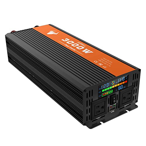 Power Inverter 3000 Watt, Car/Home 12V DC to 110V AC Converter, with LED Display, Dual AC Outlets, USB Port, Dual Smart Fans, Cables Included, Suitable for Home, RV, Outdoor, Camping, Boat, Emergency