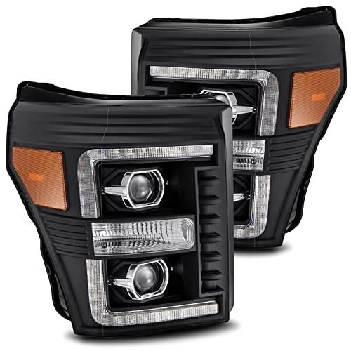 AlphaRex Alpha Black For 11-16 F250/F350/F450/F550 DRL/Sequential Signal LED Tube Dual Super Duty 4th Gen Look Switchback Projector Headlights