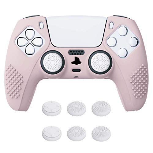 eXtremeRate PlayVital Cherry Blossoms Pink 3D Studded Edition Anti-Slip Silicone Cover Skin for ps5 Controller, Soft Rubber Case for Wireless Controller with 6 White Thumb Grip Caps