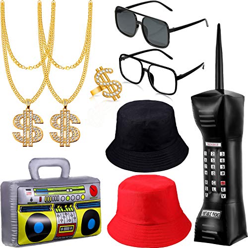 9 Pieces 80s/90s Hip Hop Costume Kit Mobile Phone Inflatable Radio Boom Box Necklace Ring Sunglasses Bucket Hat Rapper Accessories for Party Cosplay Supplies (Classic Style)