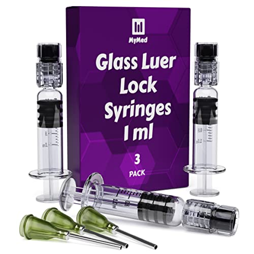 MyMed 10 Pack Borosilicate Glass Luer Lock Syringe 1ml Capacity Reusable Glass Syringes - Use for Arts and Crafts, Thick Liquids, Oils, Vet, Glue, Lab, Ink with 14GA Blunt Tip Pet Safe Needles