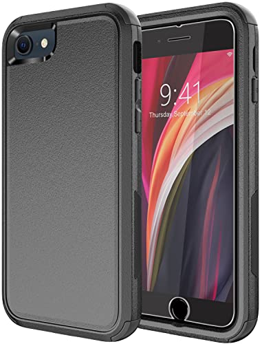 Diverbox Designed for iPhone SE case with Screen Protector Heavy Duty Shockproof Shock-Resistant Cases for Apple iPhone se Phone (2022/2020 Release) - Black