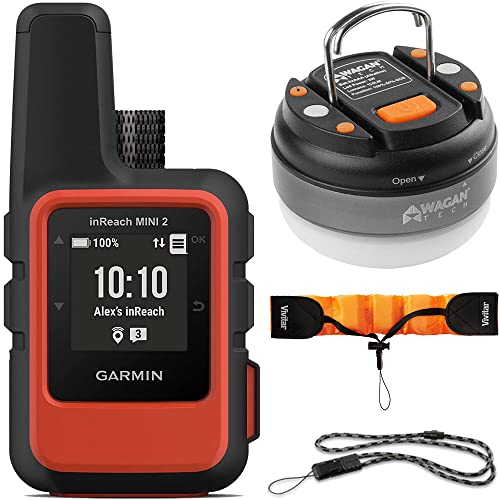 Garmin inReach Mini 2 Portable Satellite Communicator/GPS Navigator (Flame Red) Accessory Bundle with LED Brite-Nite Dome Lantern Flashlight for Camping, Quick Release Lanyard,and Orange Wrist Strap