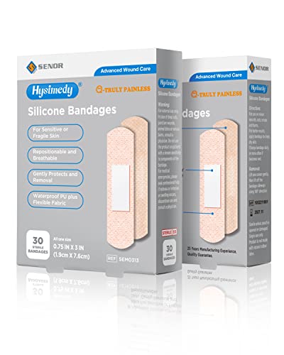 Hysimedy Silicone Adhesive Bandages for Sensitive Skin - 3/4"x3" (60 Counts) - Pain Free Small Bandaid for Elderly Kids