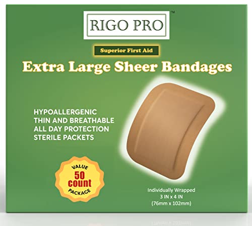 RIGO PRO Extra Large Sheer Bandages 50 Count | Hypoallergenic | 3 x 4 Inch Full Border | Sterile | All Day Comfortable Protection | Breathable Bandage for Covering Wounds