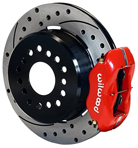 NEW WILWOOD REAR DISC BRAKE KIT, 12" DRILLED ROTORS, PARKING BRAKE ASSEMBLIES, RED 4 PISTON DYNALITE CALIPERS FOR REAR ENDS WITH SMALL BEARING FORD AXLE FLANGES & 2.50" OFFSET MUSTANG FAIRLANE COUGAR