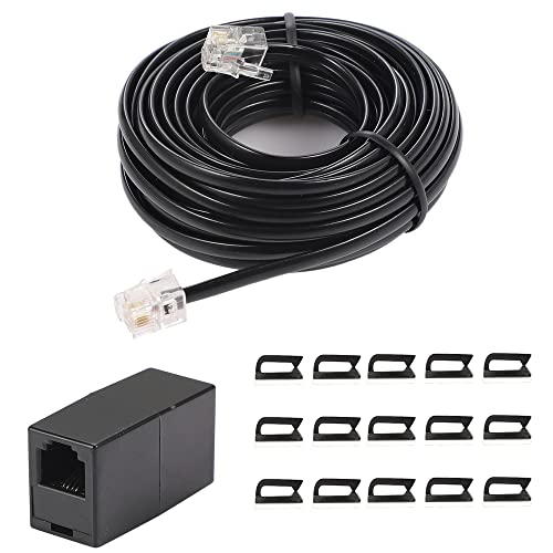 20Feet Long Telephone Extension Cord Phone Cable Line Wire, with Standard RJ11 Plug and 1 in-Line Couplers and 10 Cable Clip Holders-Black (20 Feet)