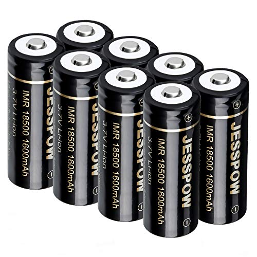 JESSPOW 18500 Battery, IMR 18500 Rechargeable Li-ion Battery 1600mAh 3.7V for Flashlight, Solar Garden Light and More, 18500 Rechargeable Solar Batteries with Button Top (8 Pack)