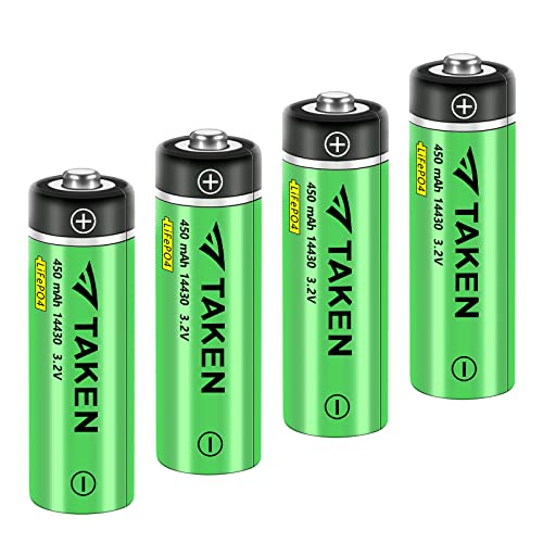 Taken 14430 Battery, 14430 3.2V 450mAh LiFePO4 Rechargeable Solar Battery for Solar Panel Outdoor Garden Lights (4 Pack)