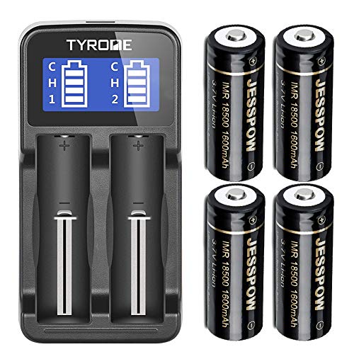 JESSPOW 18500 Rechargeable Batteries 4 Pack with Charger, IMR 18500 Rechargeable Li-ion Battery 1600mAh 3.7V [ for Flashlight, Solar Garden Light ] with Button Top
