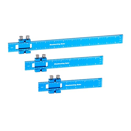 TOURACE Aluminum Woodworking Rulers with Slide Stop (3 Pcs) Precision Pocket Ruler Metal T Track Ruler, Square Ruler Inch and Metric Marking Measuring Scribing Ruler