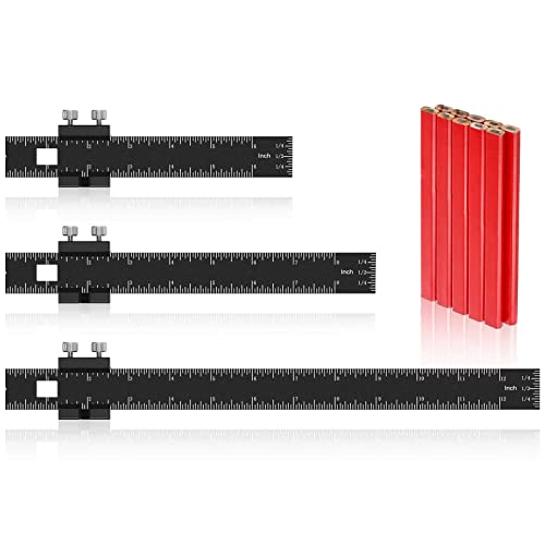 3 Pieces Woodworking Ruler 6 8 12 Inch Metal Millimeter Precision Pocket Ruler Metric T Type Machinist Ruler with 10 Construction Carpenter Pencils for Concrete Marking Measuring Machinist Engineer