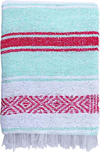 El Paso Designs Boho Blanket | Soft Woven Mexican Meditation Falsa | Perfect for Boho Home Decor, Yoga Towel, Patio, Beach Blanket, Sofa, Couch Cover (Mint & Cherry)